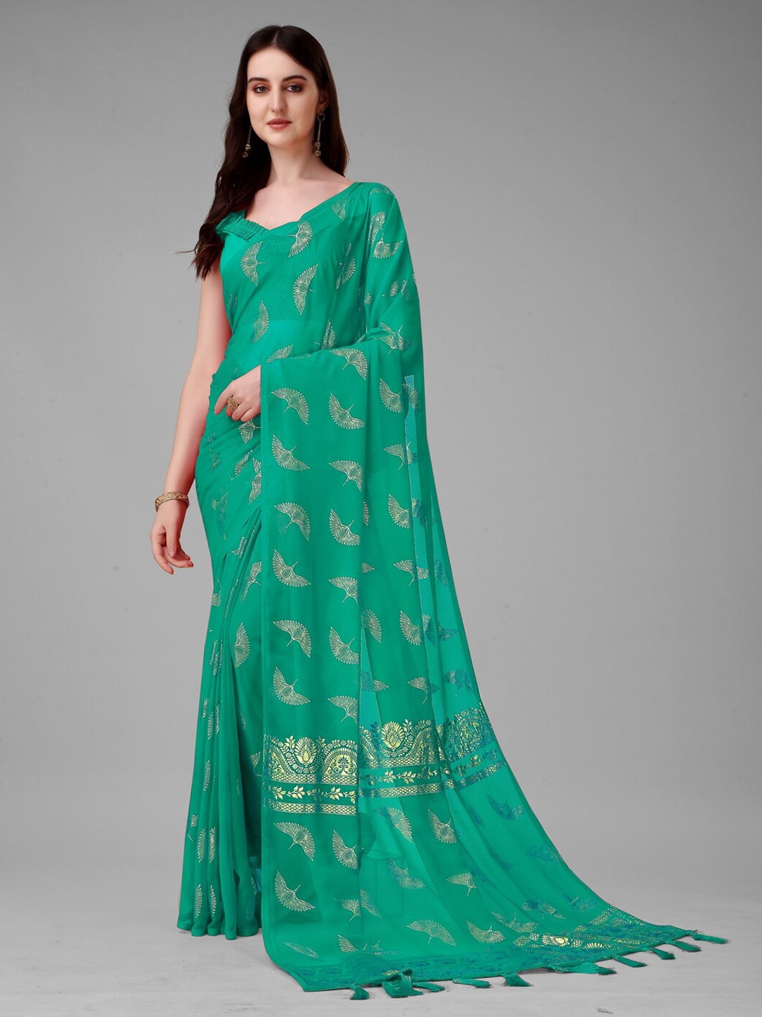 

Anouk Sea Green & Gold-Toned Ethnic Printed Pure Georgette Saree