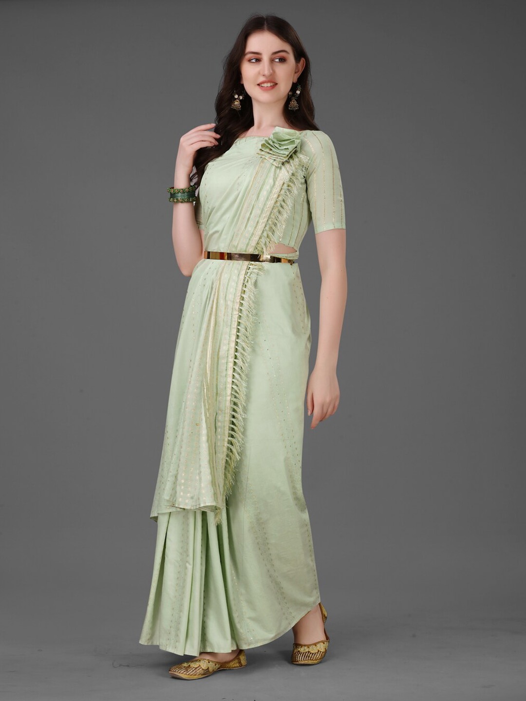 

Anouk Lime Green & Gold-Toned Woven Design Silk Cotton Saree