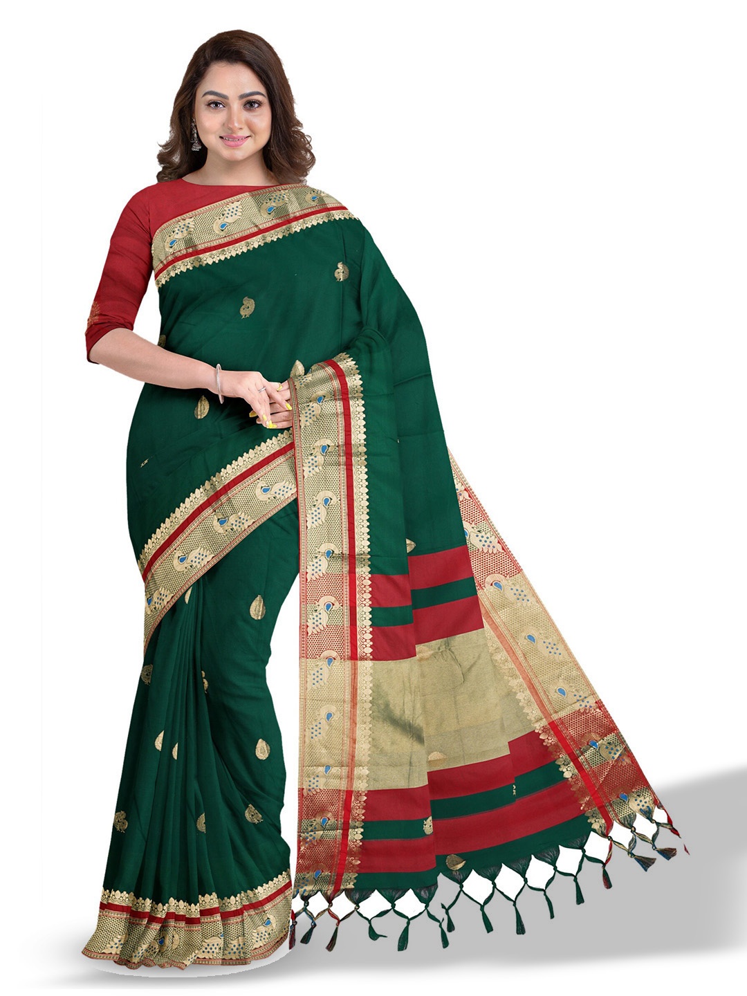 

Anouk Green & Red Ethnic Woven Design Zari Saree