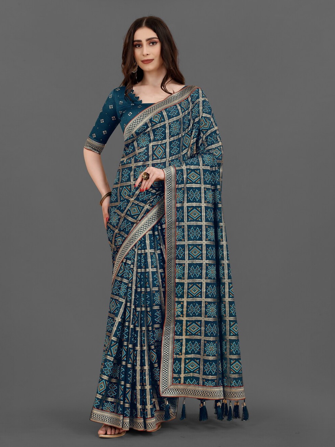 

Anouk Teal Green & Gold-Toned Bandhani Printed Zari Pure Georgette Saree