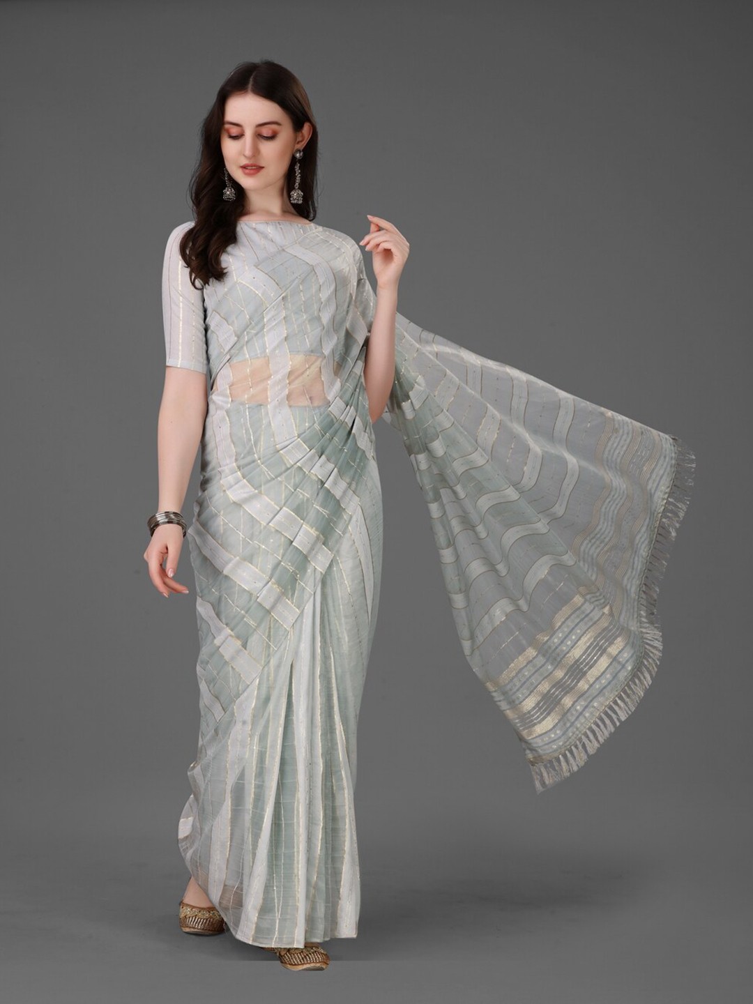 

Anouk Grey & Silver-Toned Striped Zari Silk Cotton Saree
