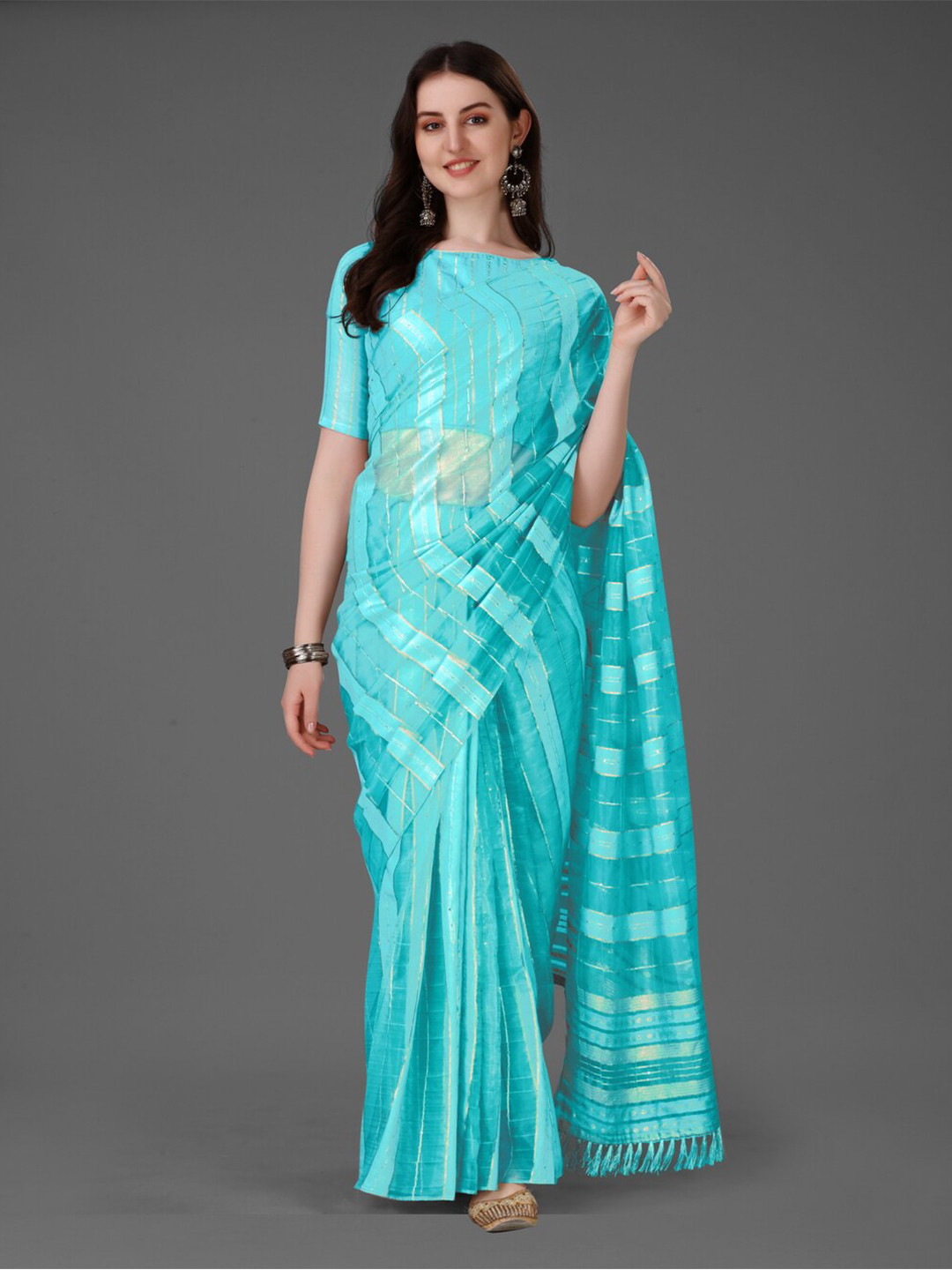 

Anouk Turquoise Blue Striped Zari Silk Cotton Saree