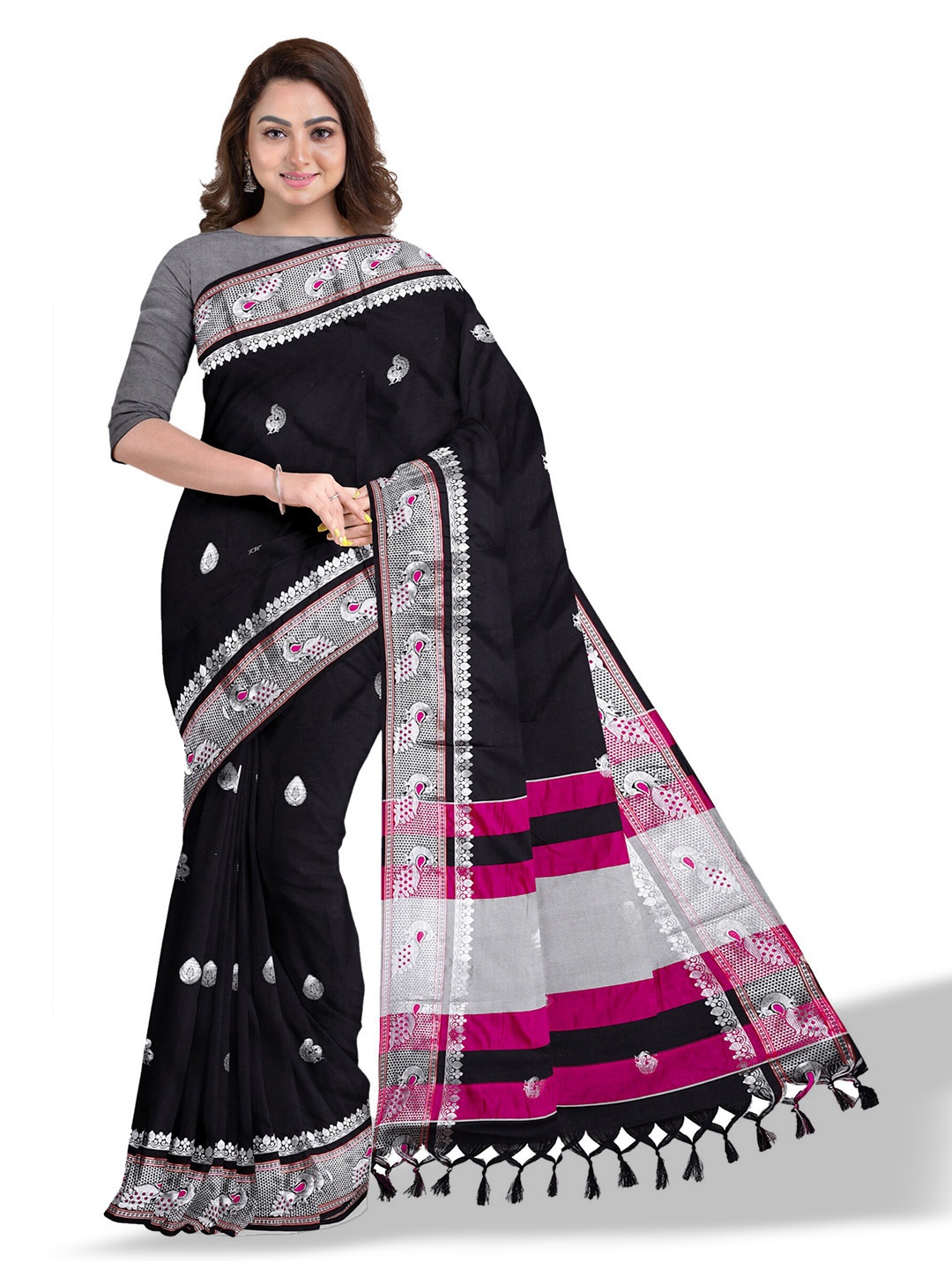 

Anouk Black & Silver-Toned Ethnic Woven Design Zari Saree