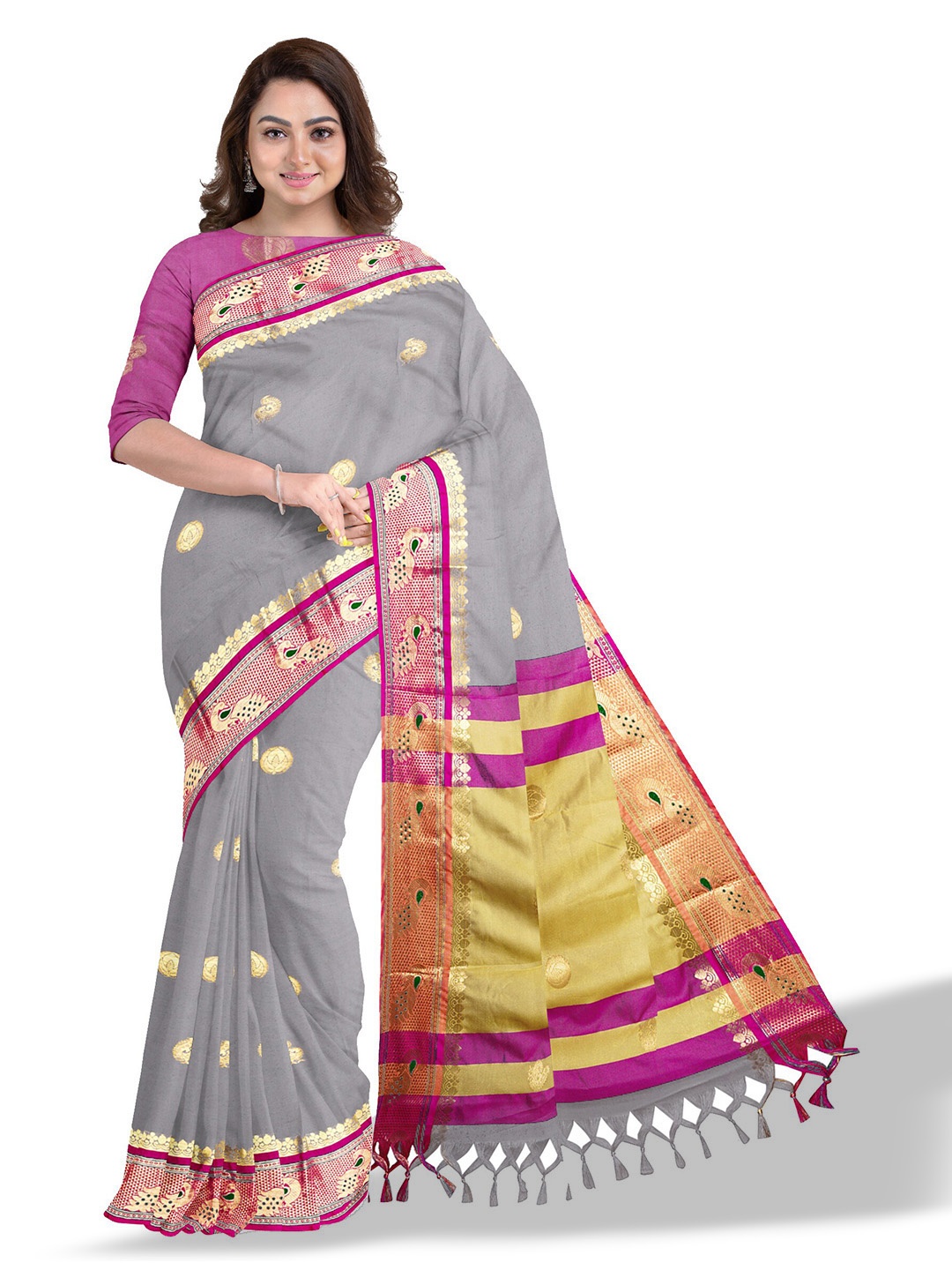 

Anouk Grey & Pink Ethnic Woven Design Zari Saree