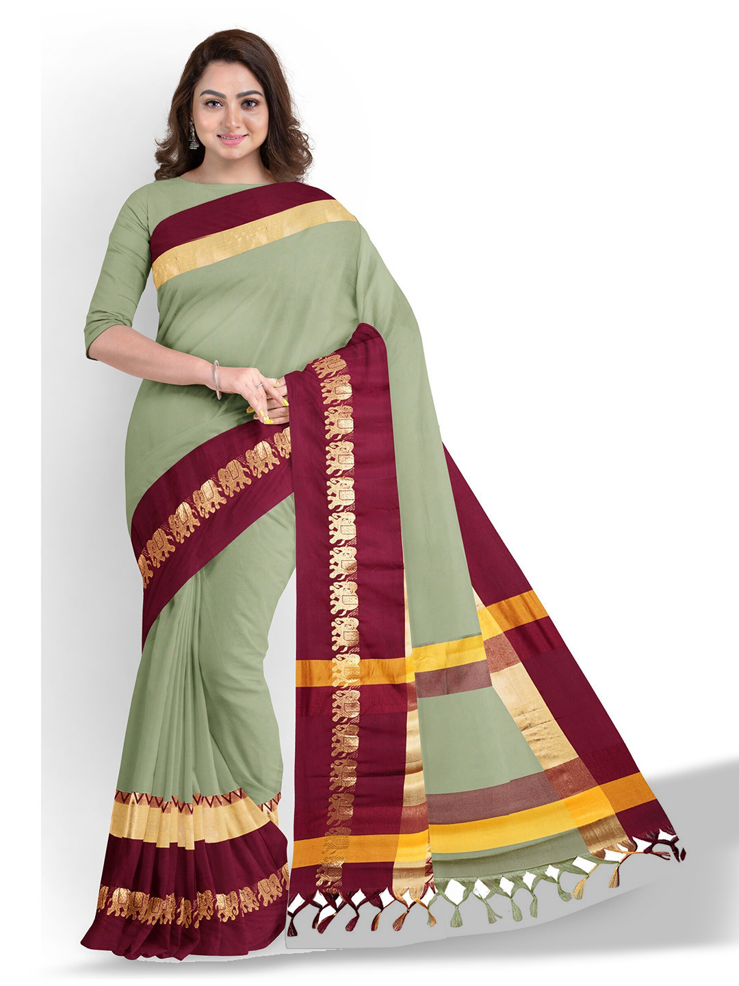 

Anouk Khaki Green & Maroon Zari Silk Blend Saree