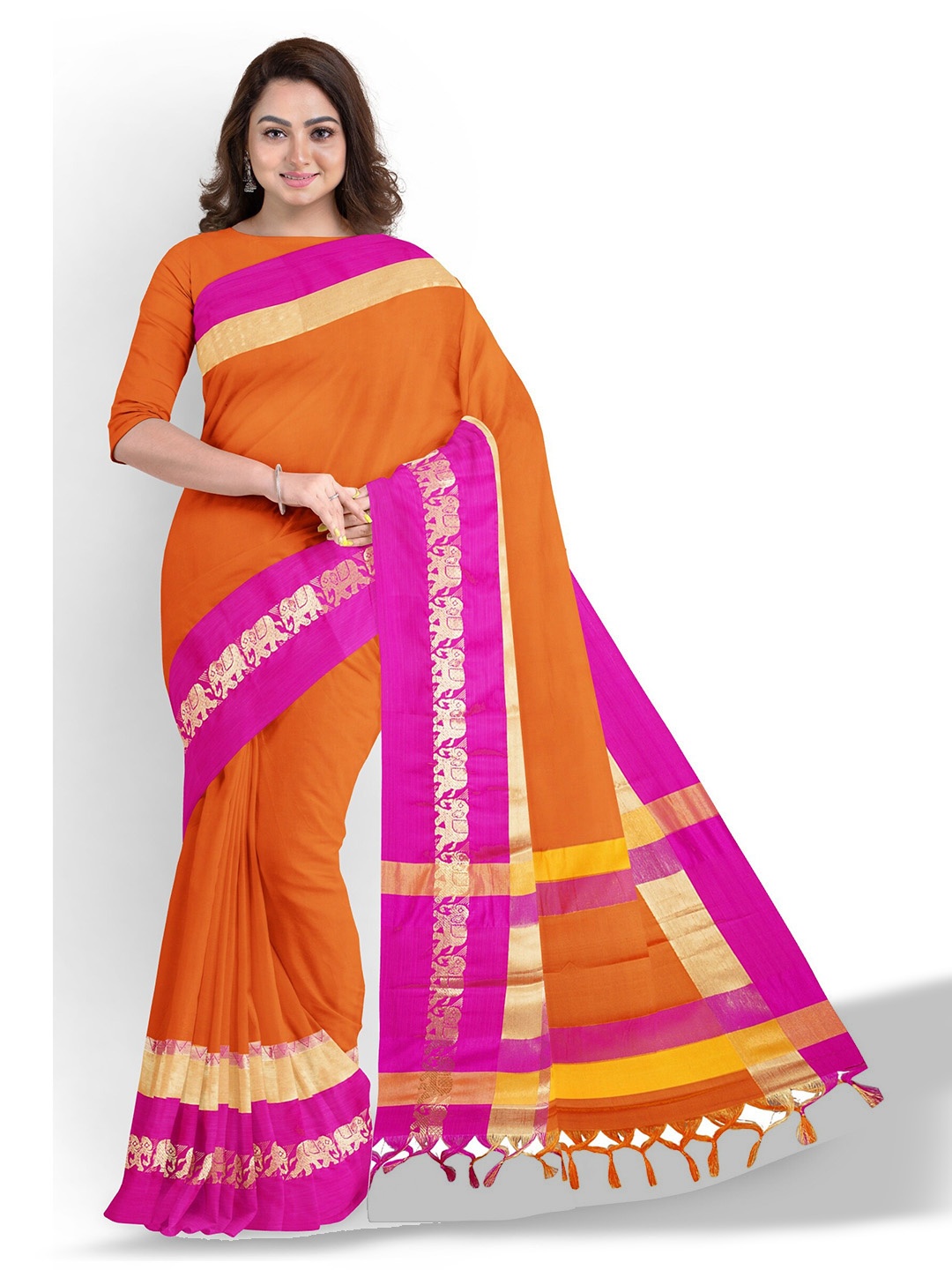 

Anouk Orange & Pink Zari Silk Blend Saree