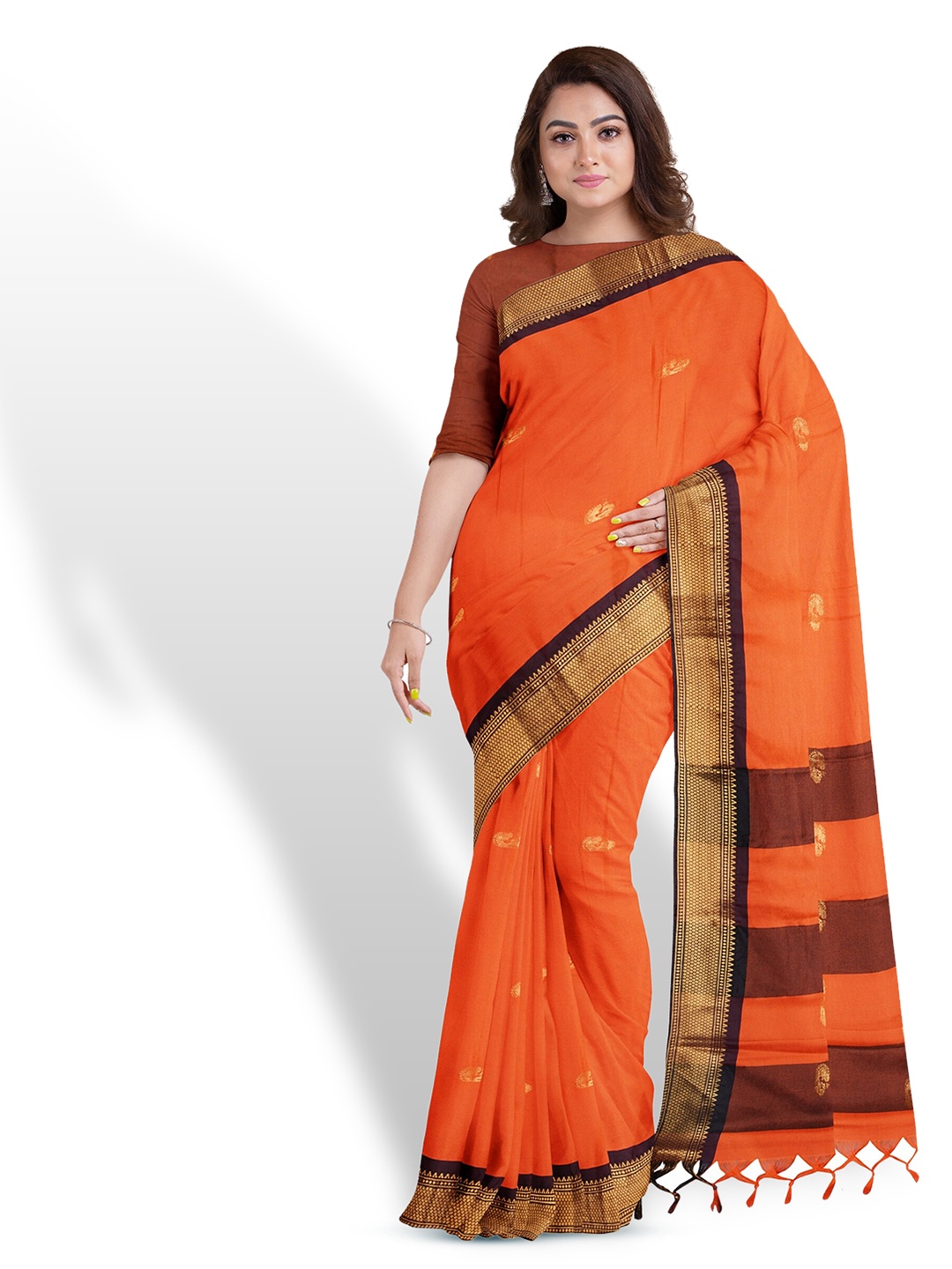 

Anouk Orange & Brown Ethnic Woven Design Zari Saree