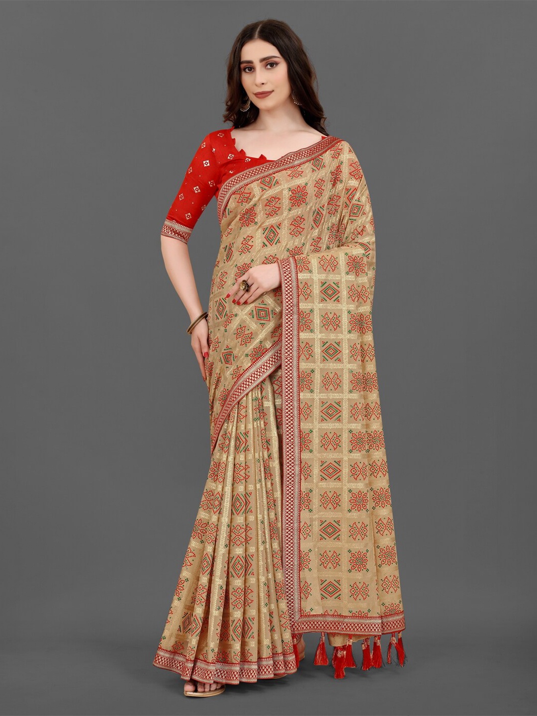 

Anouk Beige & Red Bandhani Printed Zari Pure Georgette Saree