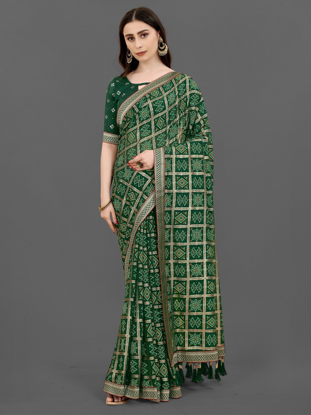 

Anouk Green & Gold-Toned Bandhani Printed Zari Pure Georgette Saree