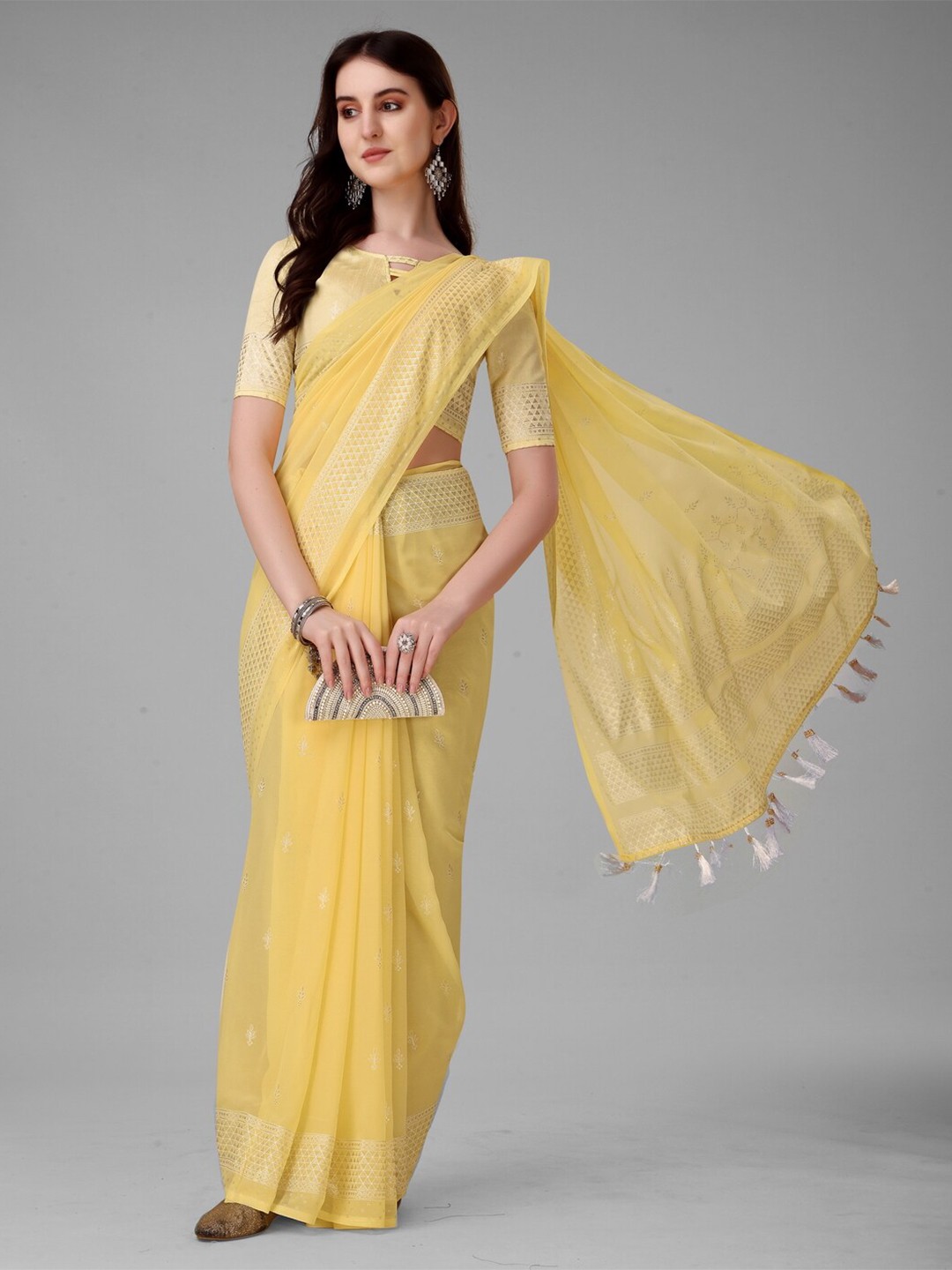 

Anouk Yellow & Gold-Toned Ethnic Motifs Embroidered Pure Georgette Saree