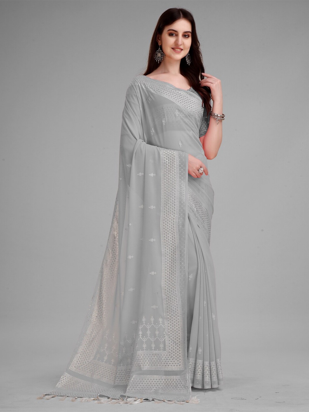 

Anouk Grey & Silver-Toned Ethnic Motifs Embroidered Pure Georgette Saree