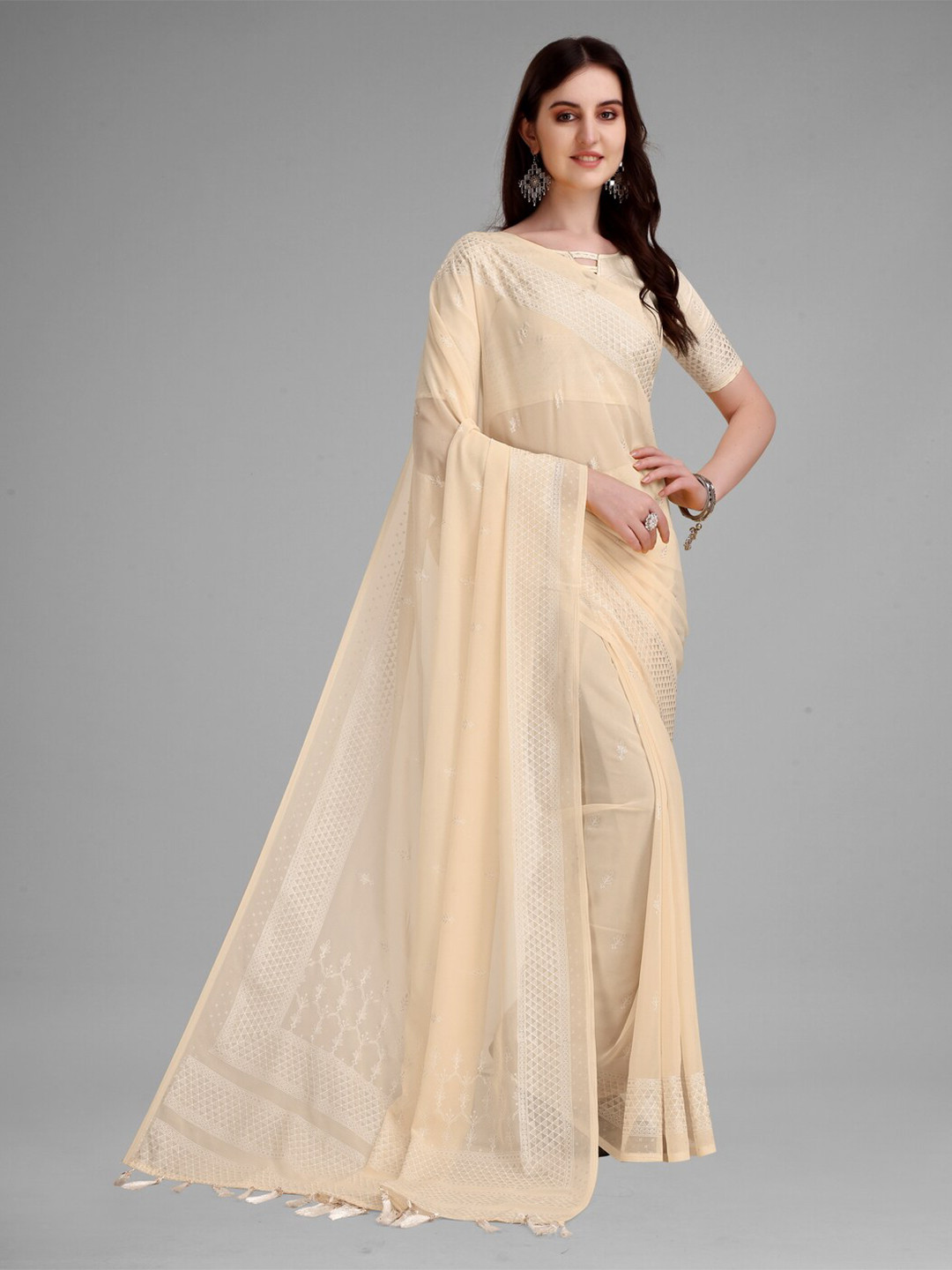

Anouk Cream-Coloured Ethnic Motifs Embroidered Pure Georgette Saree