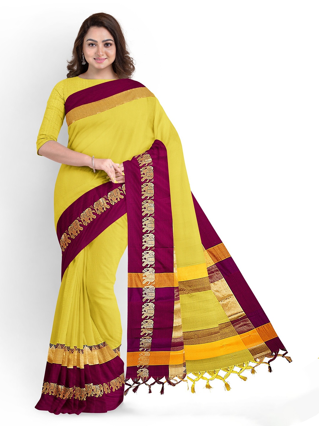 

Anouk Yellow & Maroon Colourblocked Zari Saree