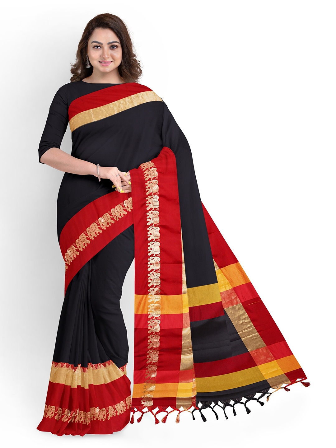 

Anouk Black & Red Colourblocked Zari Saree