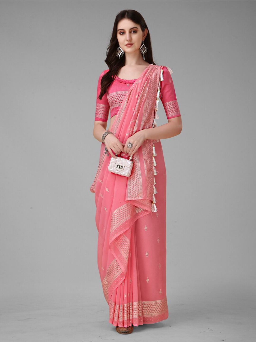 

Anouk Coral & Gold-Toned Ethnic Motifs Embroidered Pure Georgette Saree