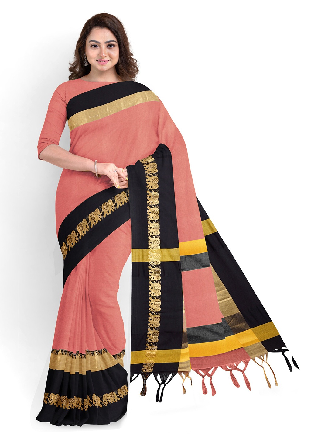 

Anouk Peach-Coloured & Black Colourblocked Zari Saree