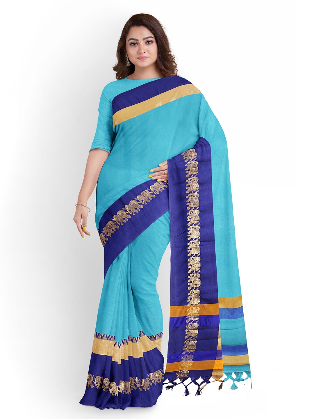 

Anouk Turquoise Blue & Gold-Toned Woven Design Zari Saree