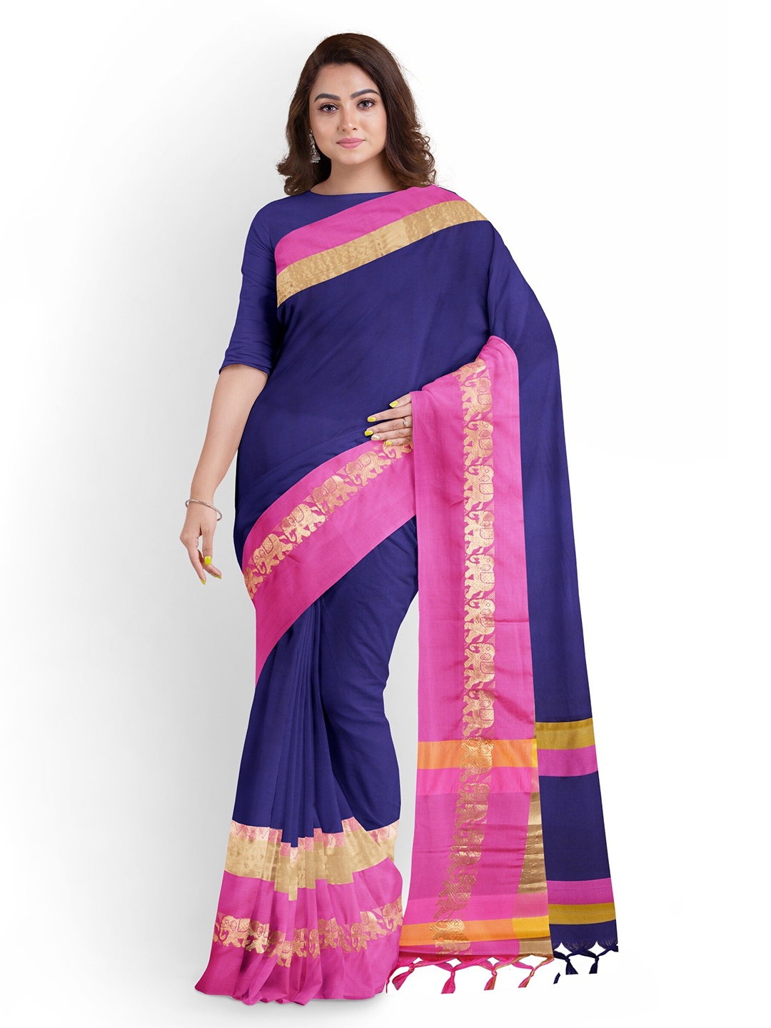 

Anouk Navy Blue & Pink Woven Design Zari Saree