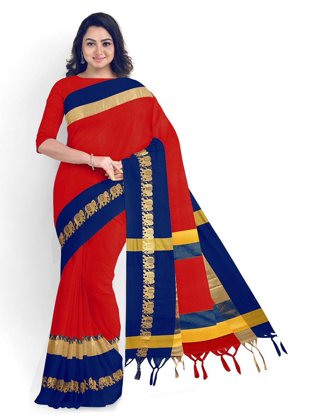 

Anouk Red & Blue Woven Design Zari Saree