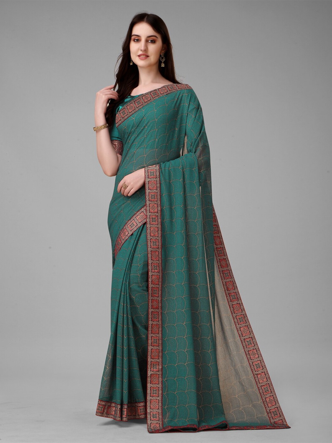 

Anouk Teal & Gold-Toned Geometric Printed Embellished Saree