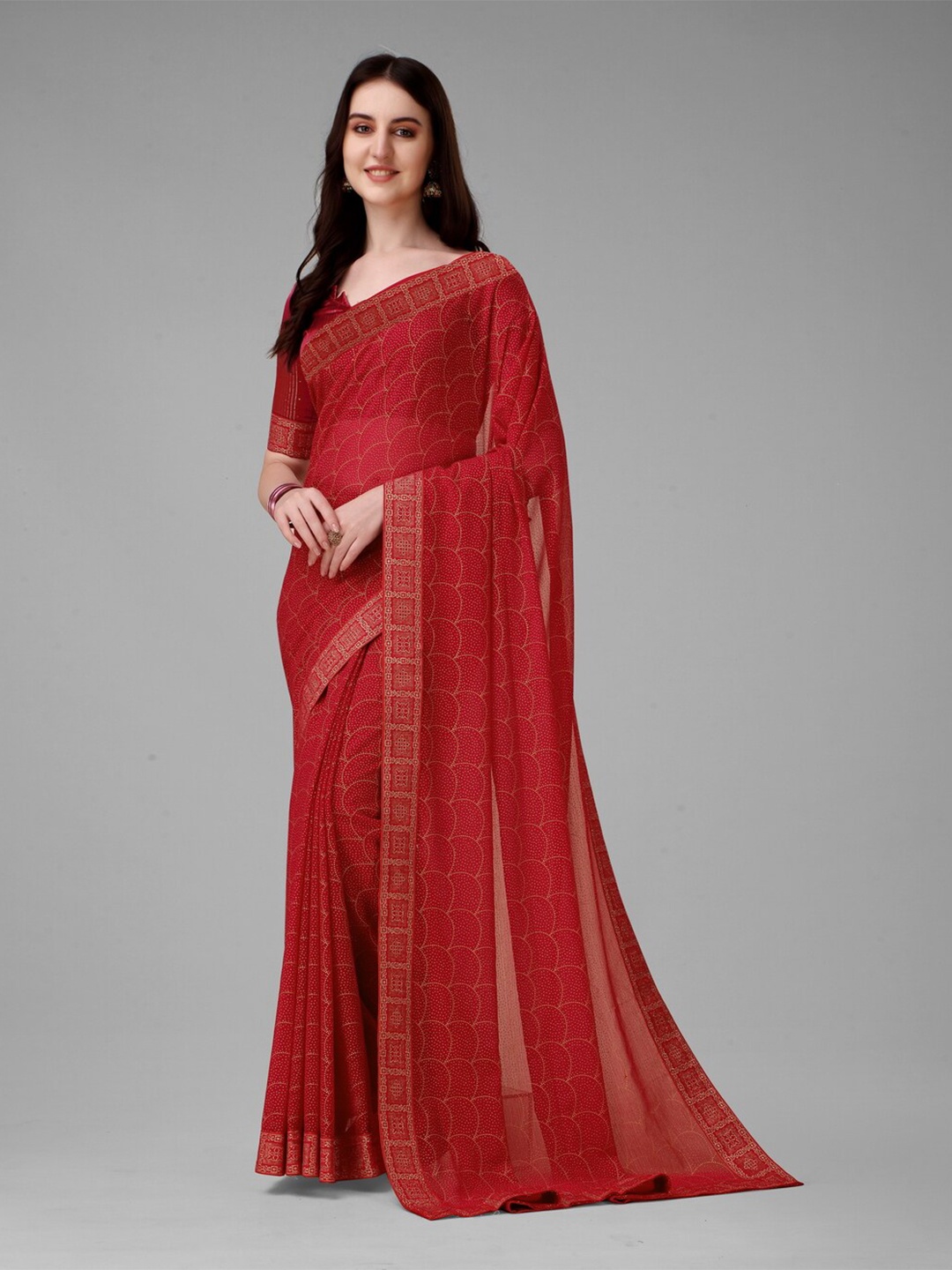 

Anouk Red & Gold-Toned Geometric Printed Embellished Saree
