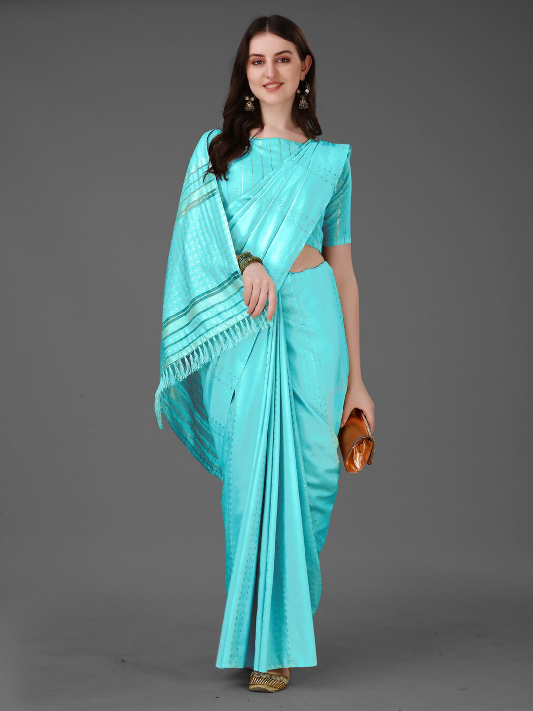 

Anouk Turquoise Blue & Gold-Toned Striped Silk Cotton Saree