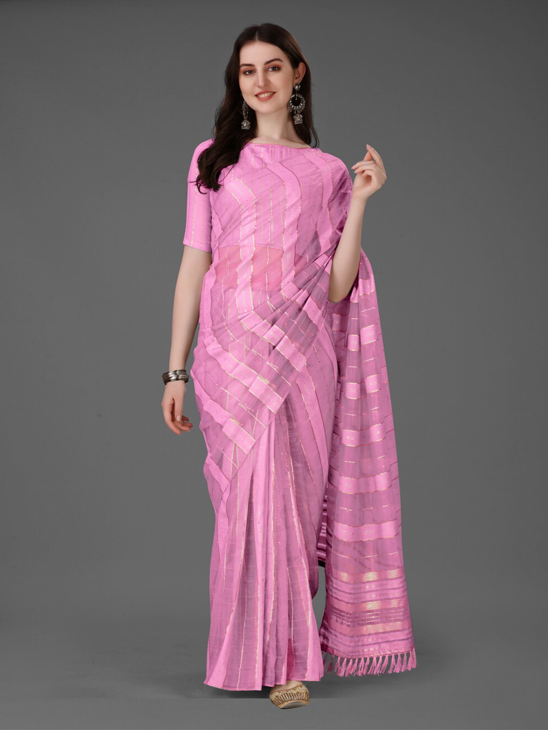 

Anouk Pink & Gold-Toned Striped Woven Design Saree
