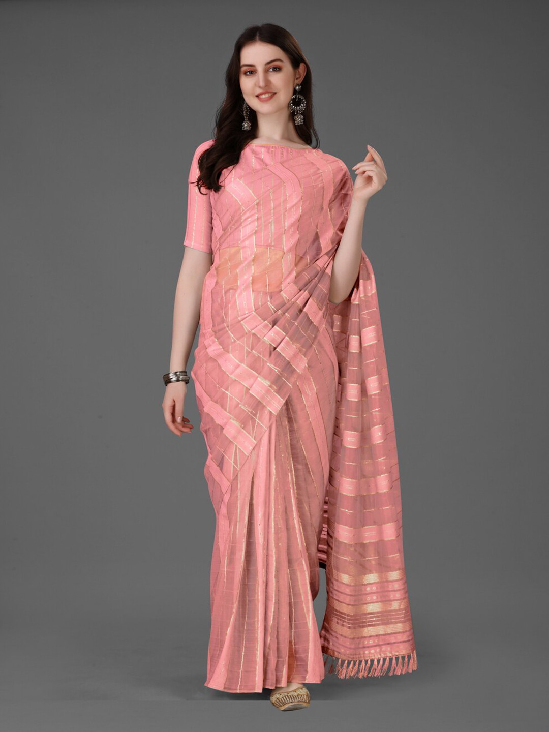 

Anouk Coral & Gold-Toned Striped Woven Design Saree