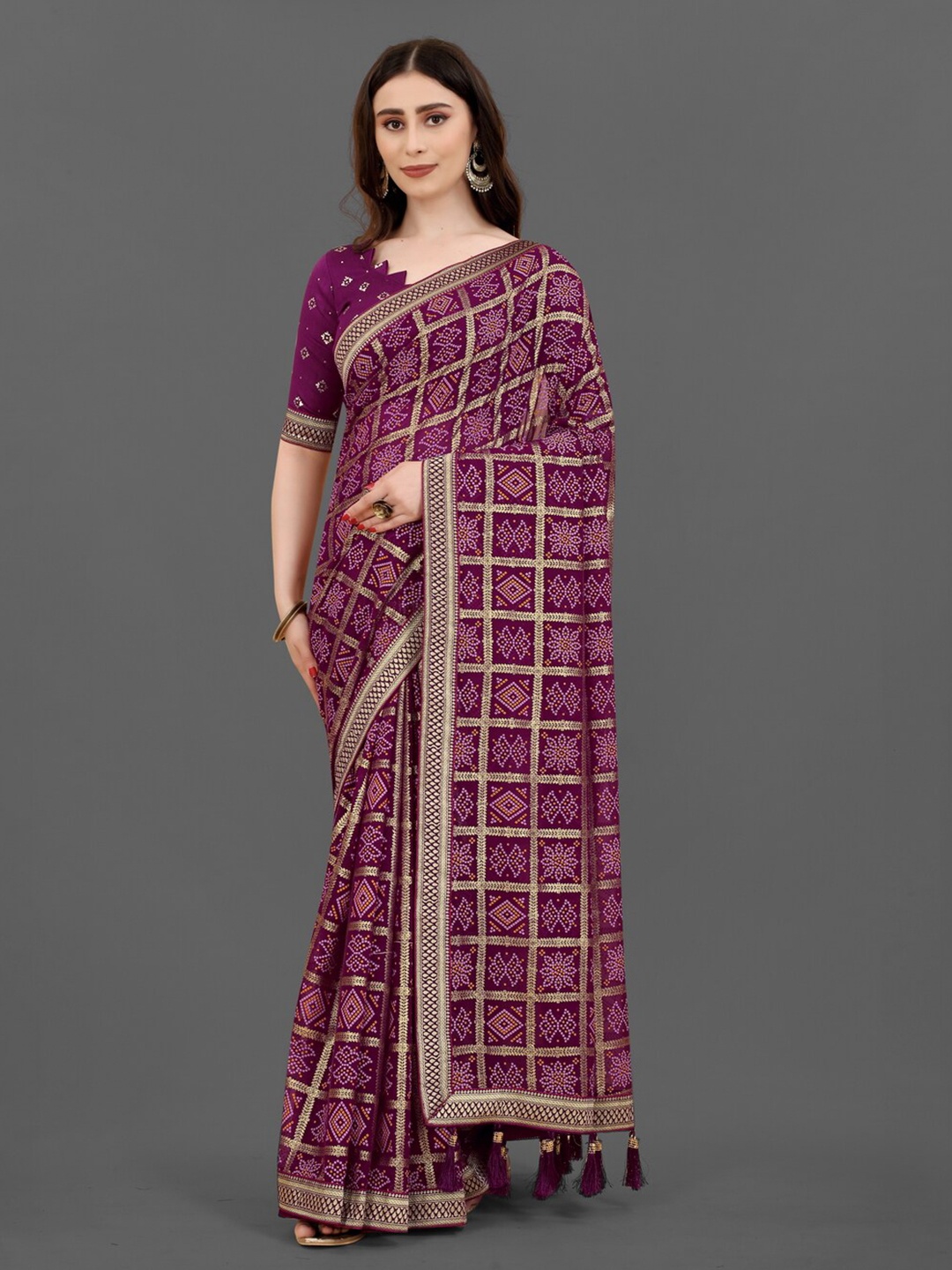 

Anouk Magenta & White Bandhani Printed Pure Georgette Saree
