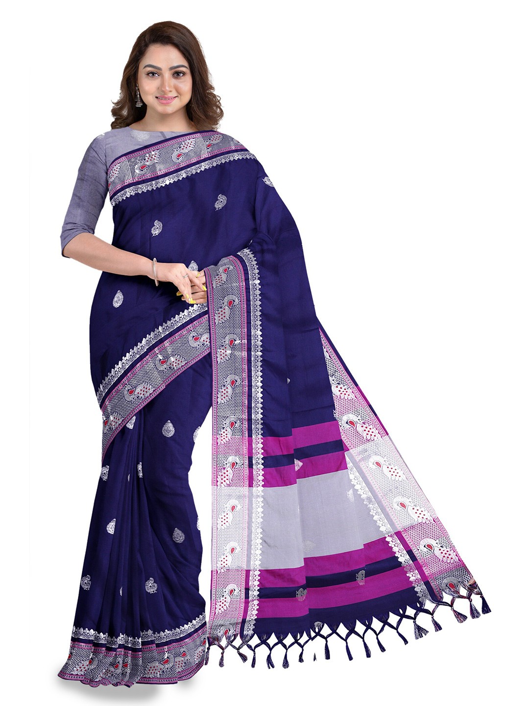 

Anouk Navy Blue & Pink Ethnic Woven Design Zari Saree