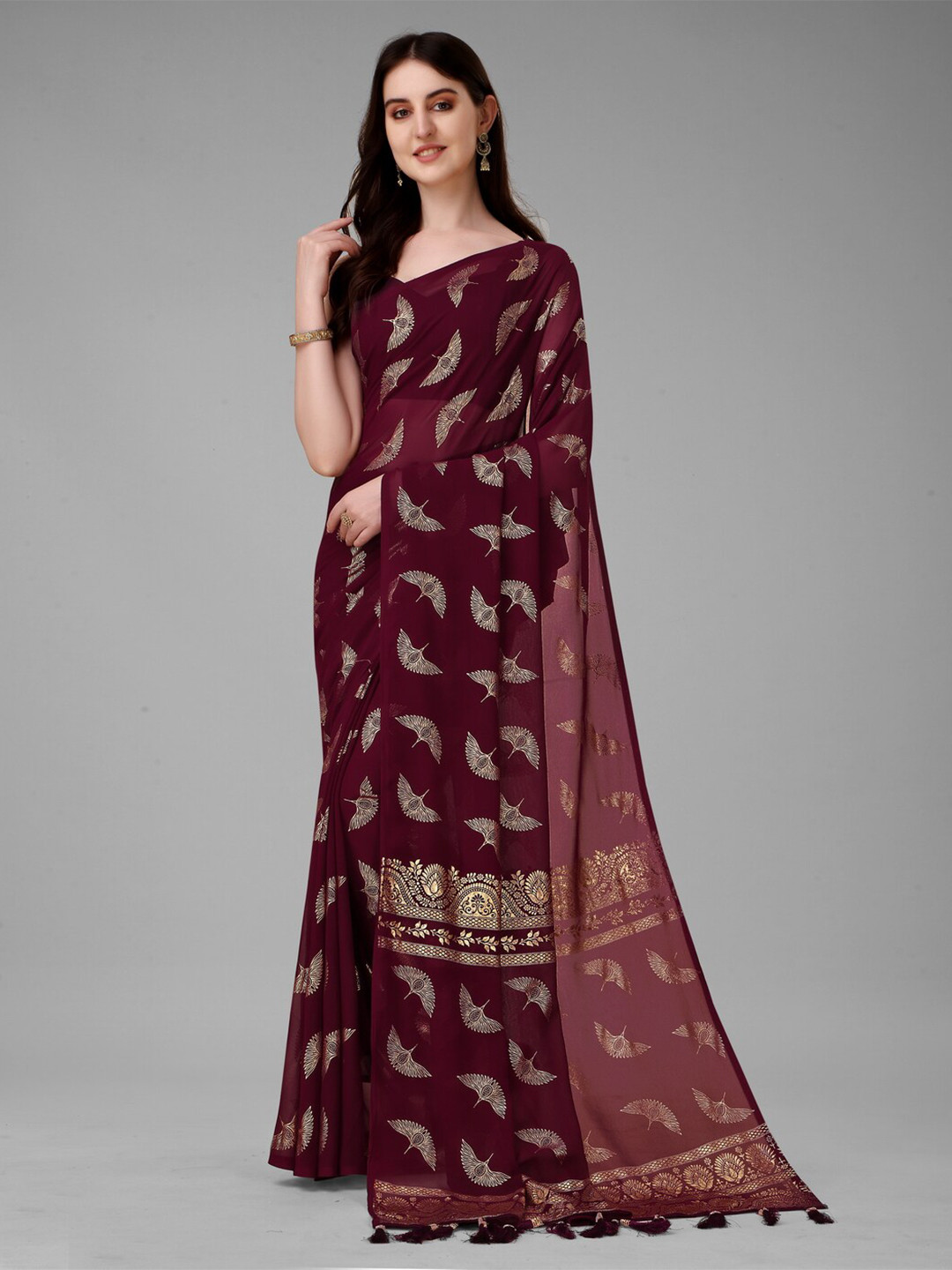 

Anouk Burgundy & Gold-Toned Ethnic Motifs Printed Pure Georgette Saree