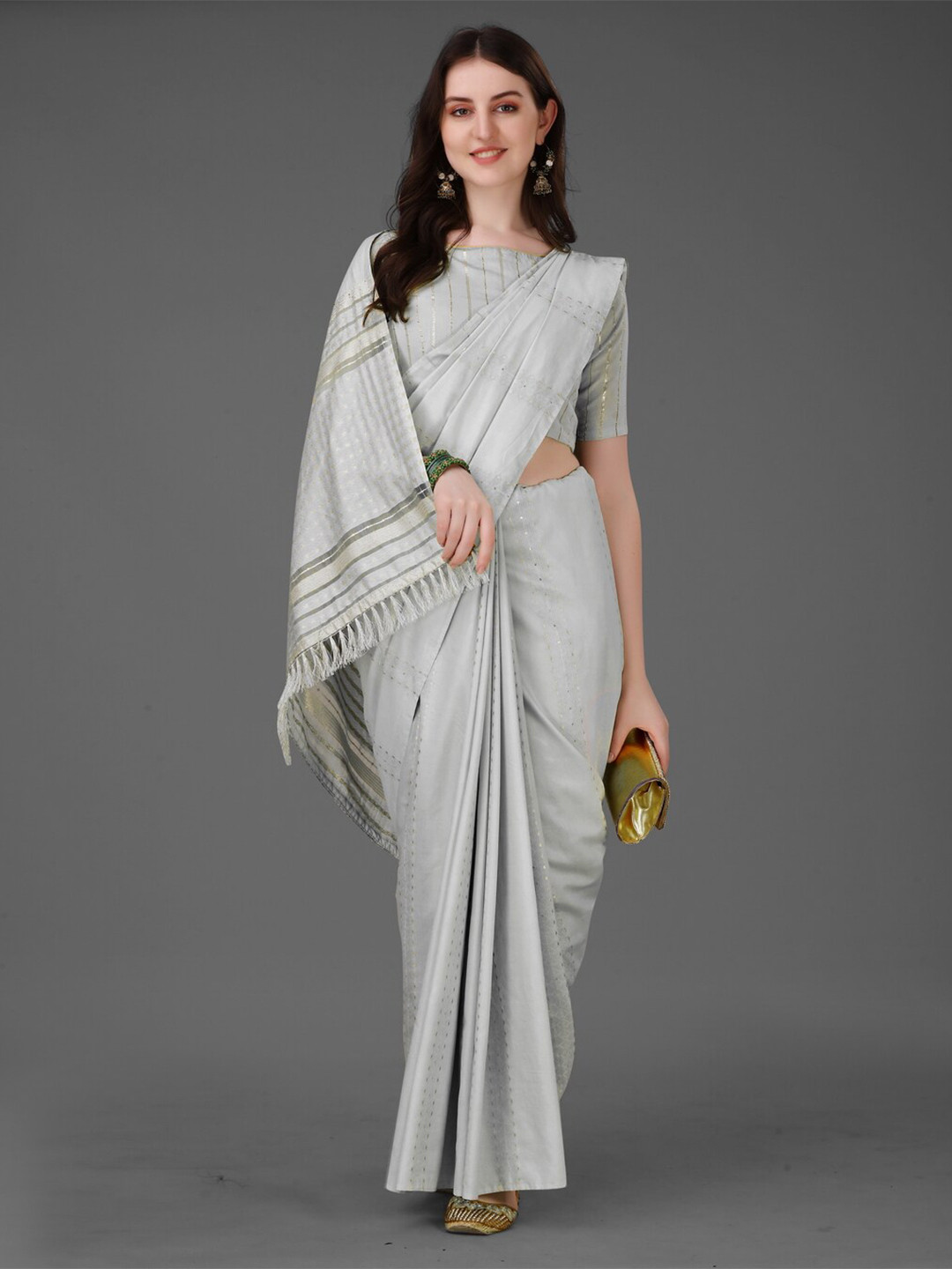 

Anouk Grey & Gold-Toned Woven Design Silk Cotton Saree