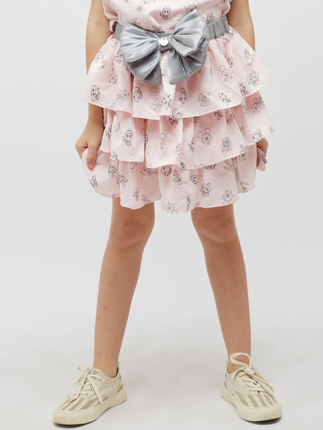 

One Friday Girls Printed Mini Flared Tiered Skirt, Pink