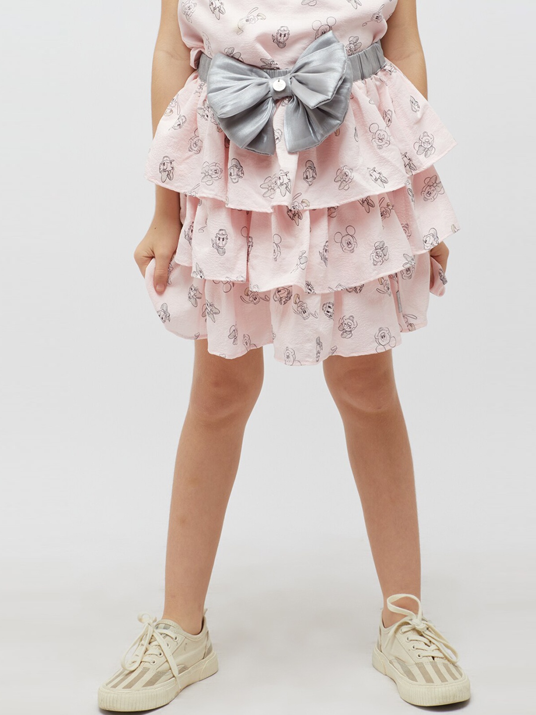 

One Friday Girls Printed Mini Flared Tiered Skirt, Pink