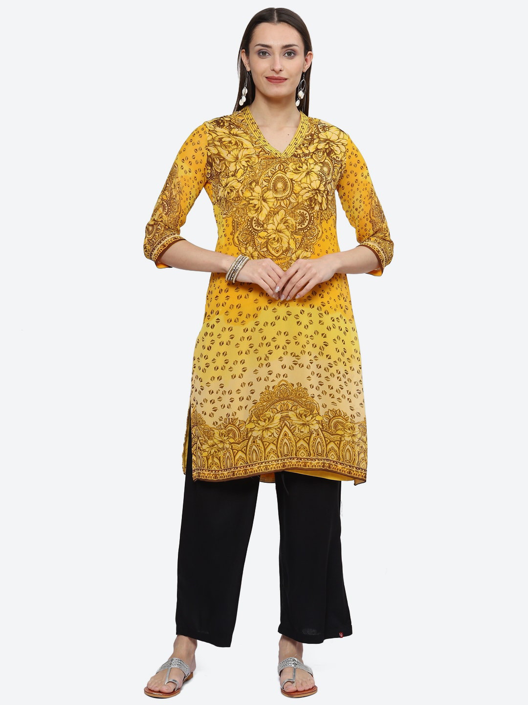 

Biba Ethnic Motifs Printed V Neck Straight Kurta, Yellow