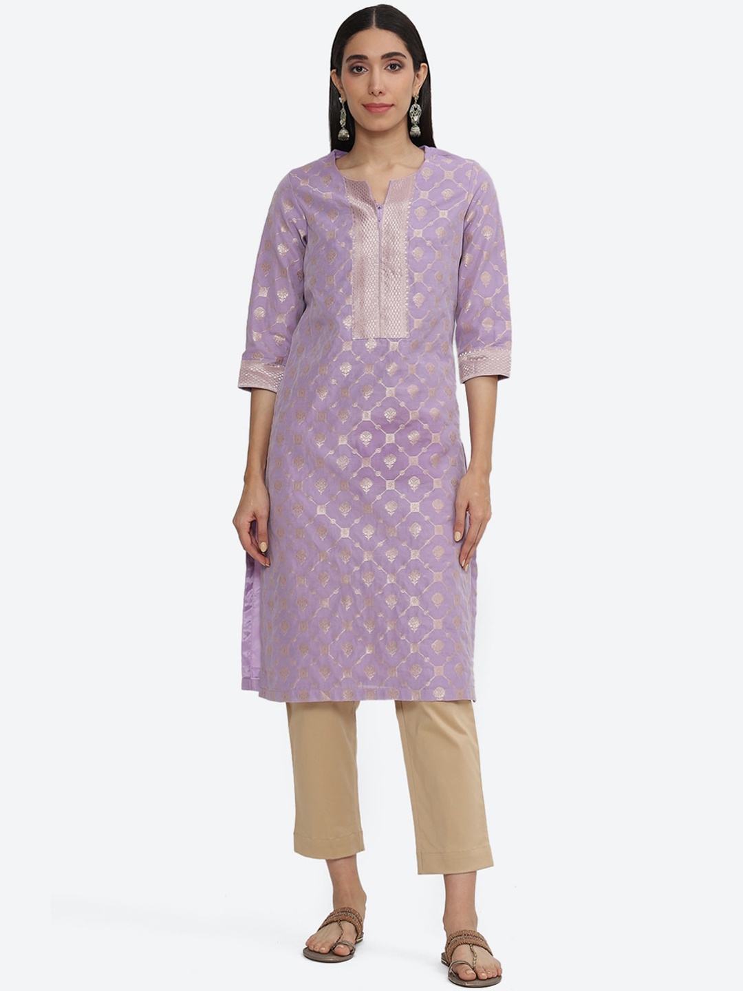 

Biba Ethnic Motifs Woven Design Notched Neck Kurta, Purple