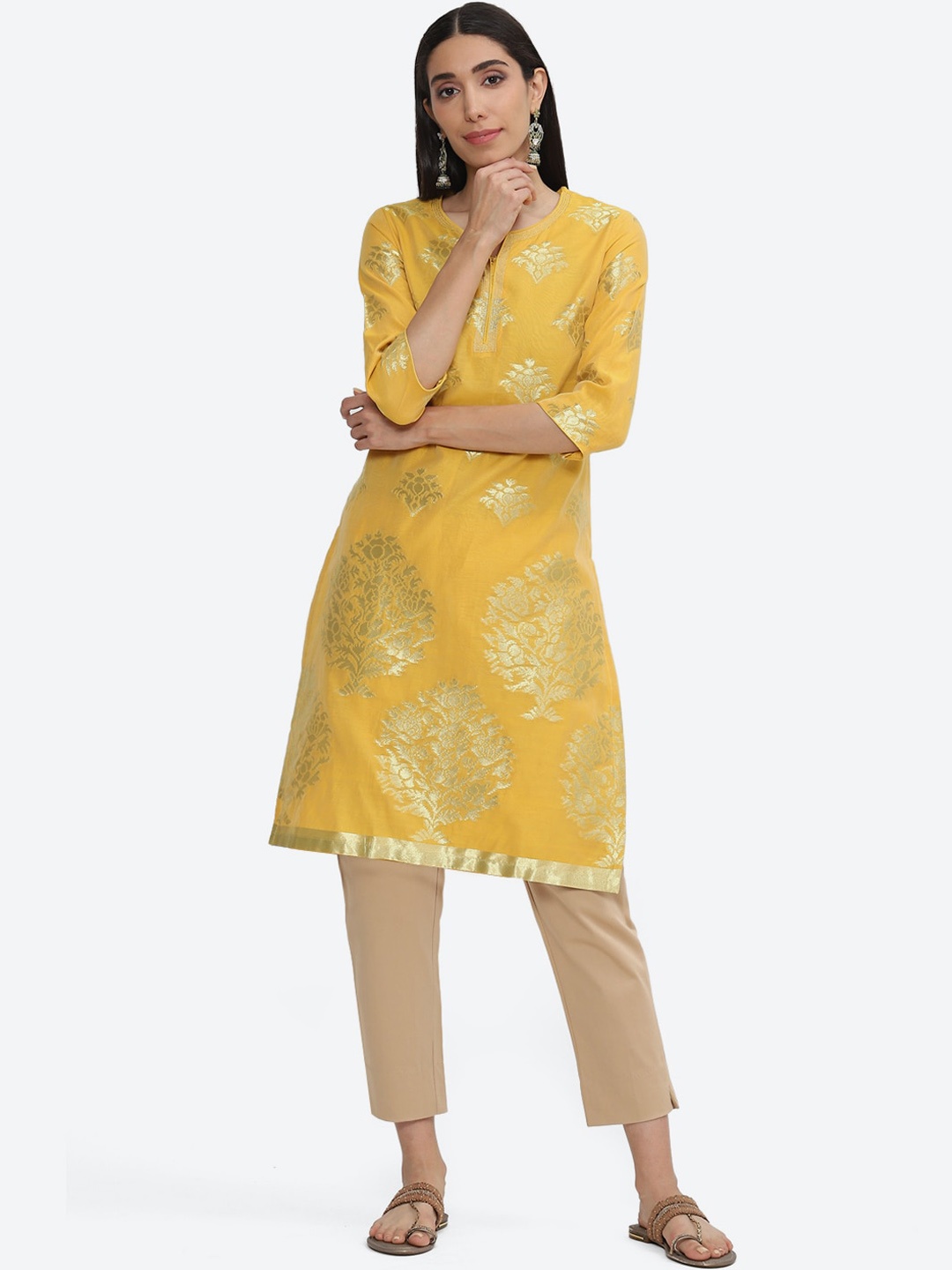 Biba Ethnic Motif Woven Design Notched Neck Kurta, Yellow