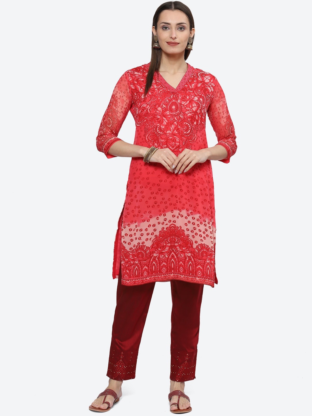 

Biba Ethnic Motifs Printed V Neck Straight Kurta, Red