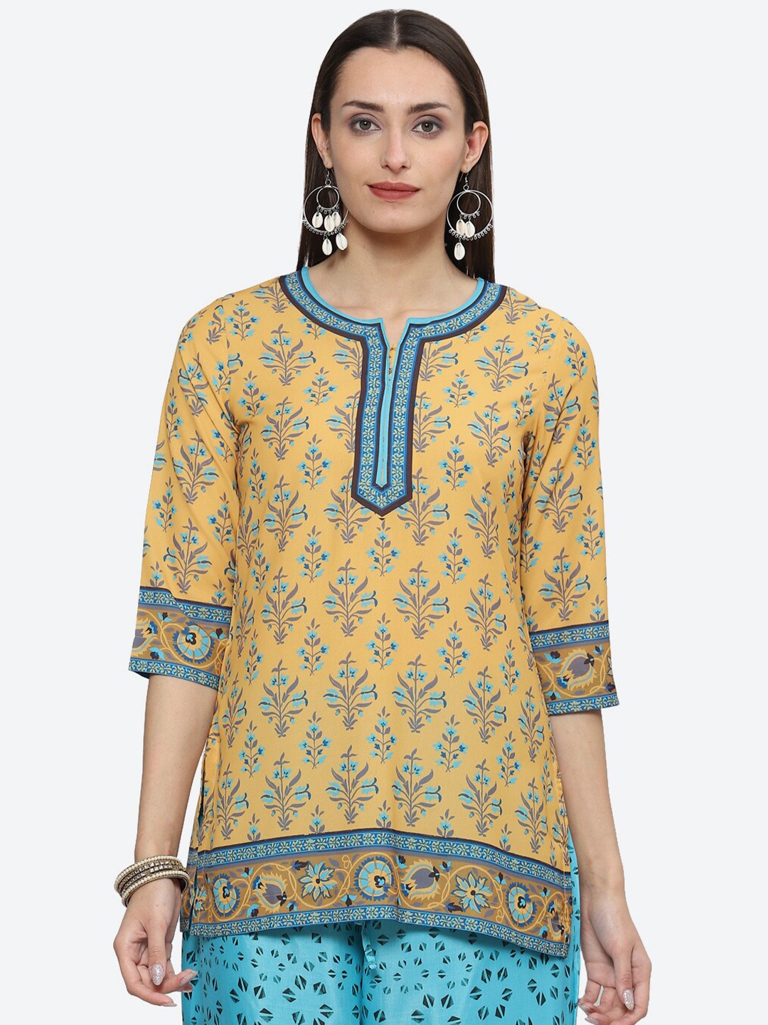 

Biba Ethnic Motifs Printed Notched Neck Kurti, Mustard