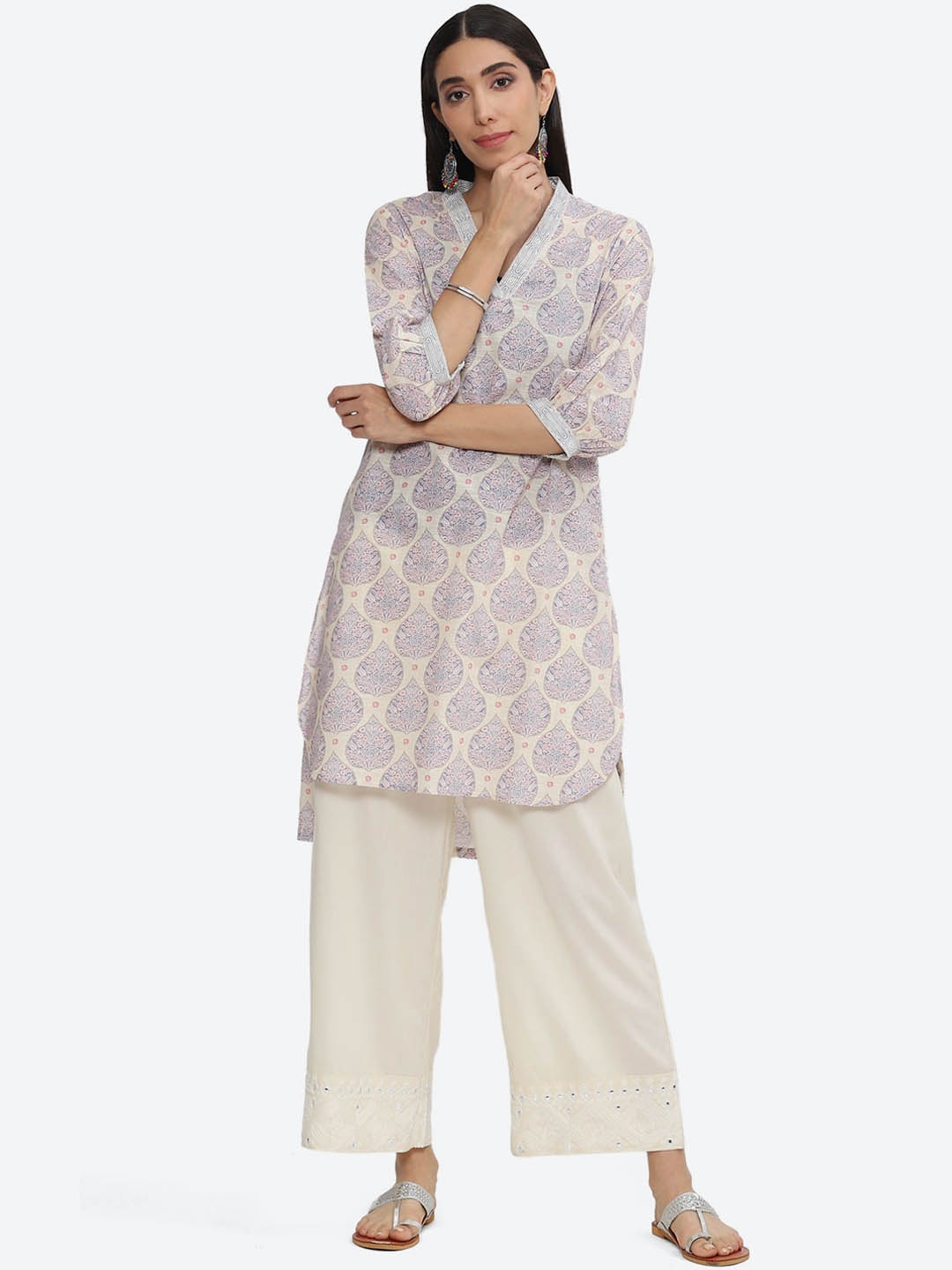 

Biba V-Neck Ethnic Motifs Printed Pure Cotton Kurta, Off white