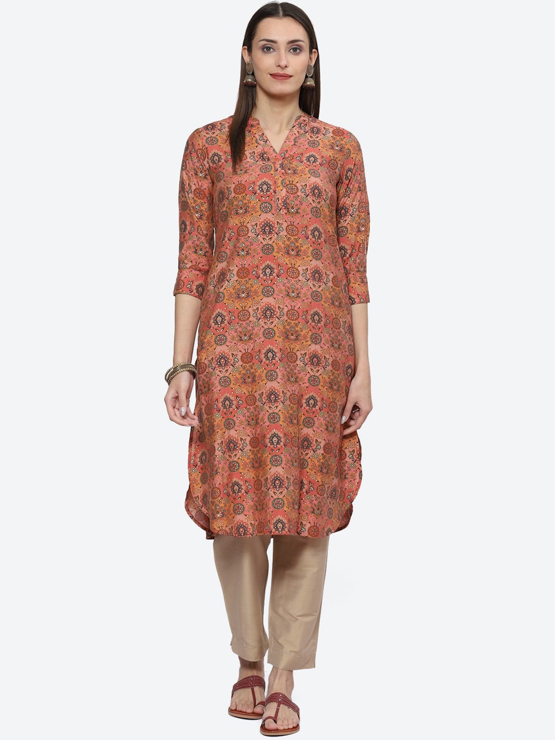 

Biba Mandarin Collar Ethnic Motifs Printed A-Line Kurta, Peach