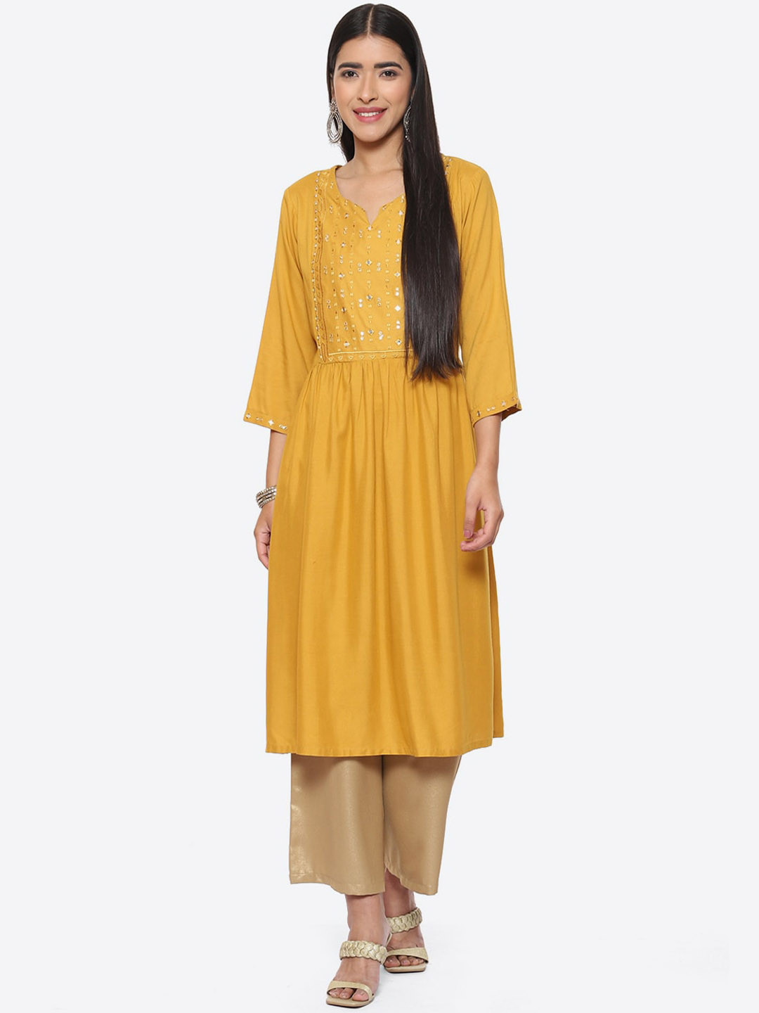 

Biba Ethnic Motifs Embroidered Mirror Work Anarkali Kurta, Mustard