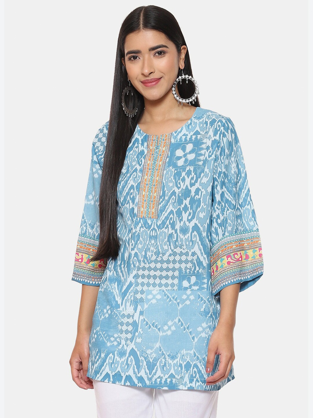 

Biba Round Neck Abstract Printed Kurti, Teal