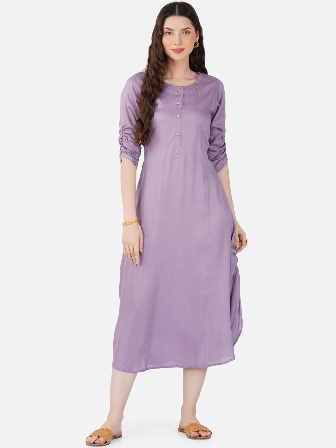 

METRO-FASHION Embroidered Detail Side Slit Curved A-Line Dress, Lavender