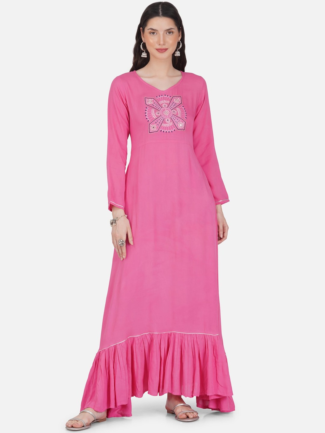 

METRO-FASHION Ethnic Motifs Embroidered Mirror Work Gathered A-Line Maxi Ethnic Dress, Pink