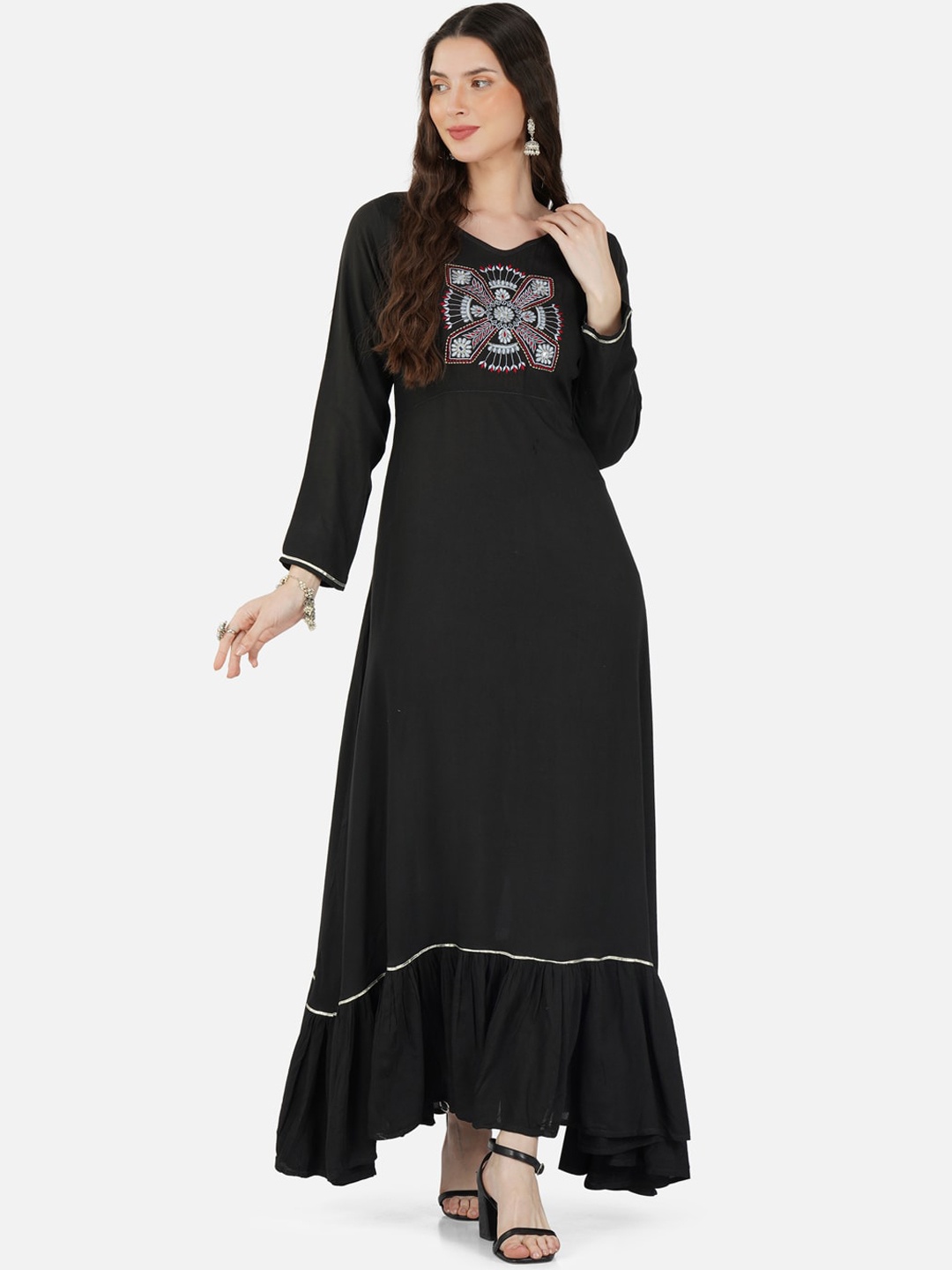 

METRO-FASHION Ethnic Motifs Embroidered Mirror Work A-Line Ethnic Dress, Black