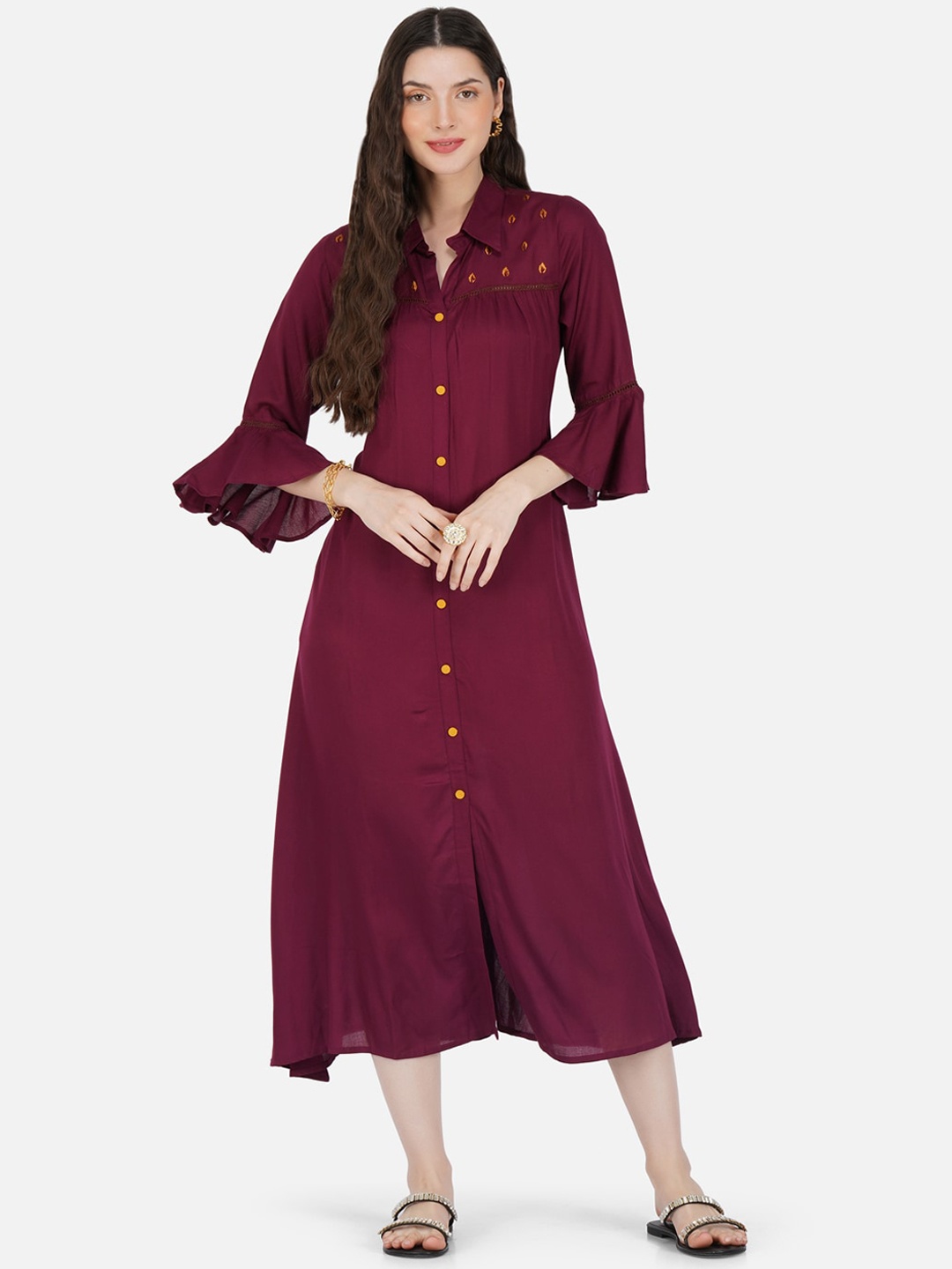 

METRO-FASHION Embellished Shirt Collar Ethnic Dress, Purple