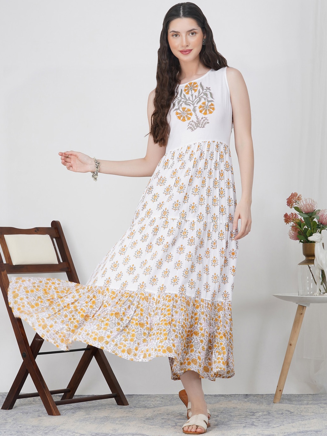 

METRO-FASHION Floral Printed Fit & Flare Maxi Cotton Ethnic Dress, White