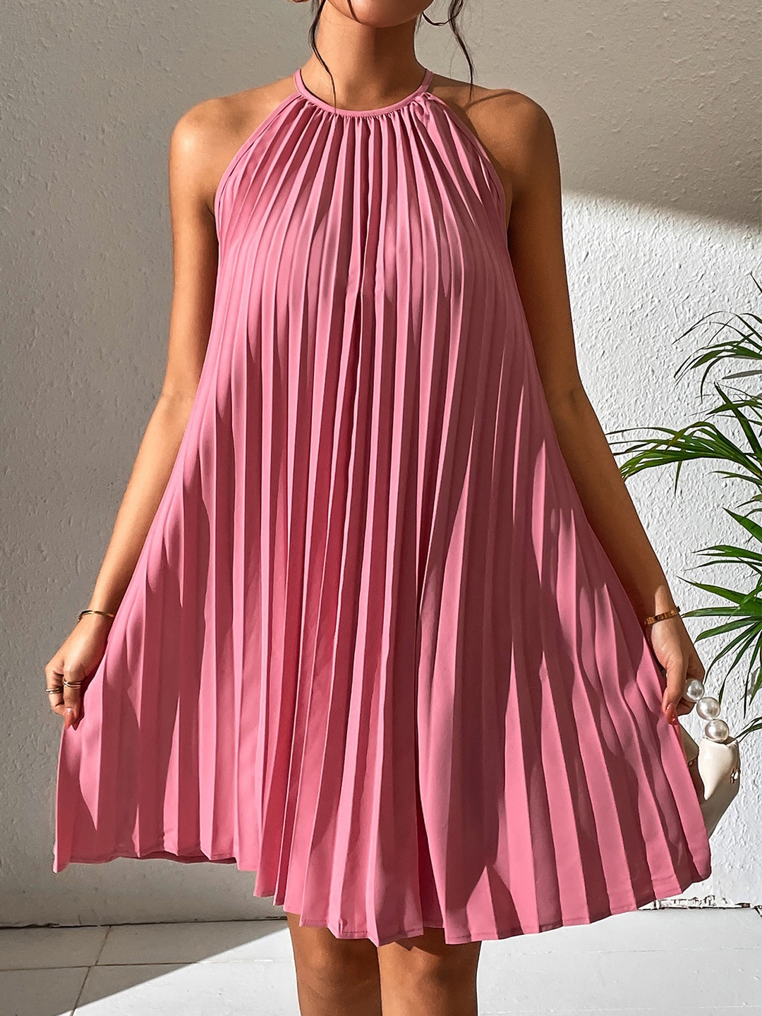 

BoStreet Pink Round Neck Accordion Pleats A-Line Dress