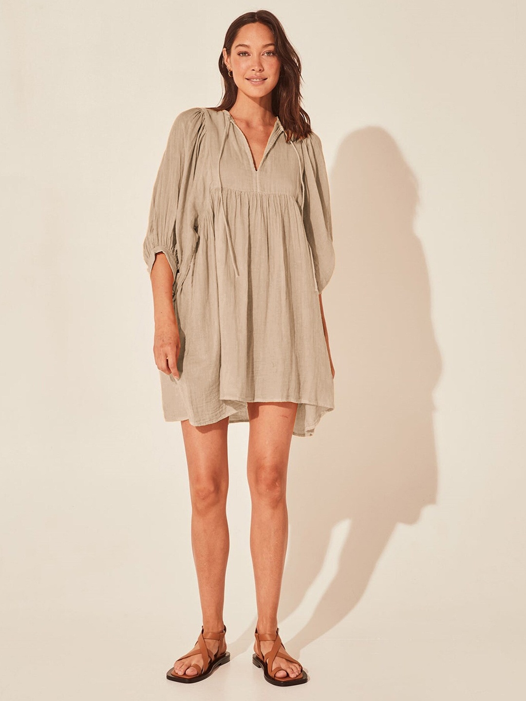 

BoStreet Beige Tie Up Neck A-Line Dress